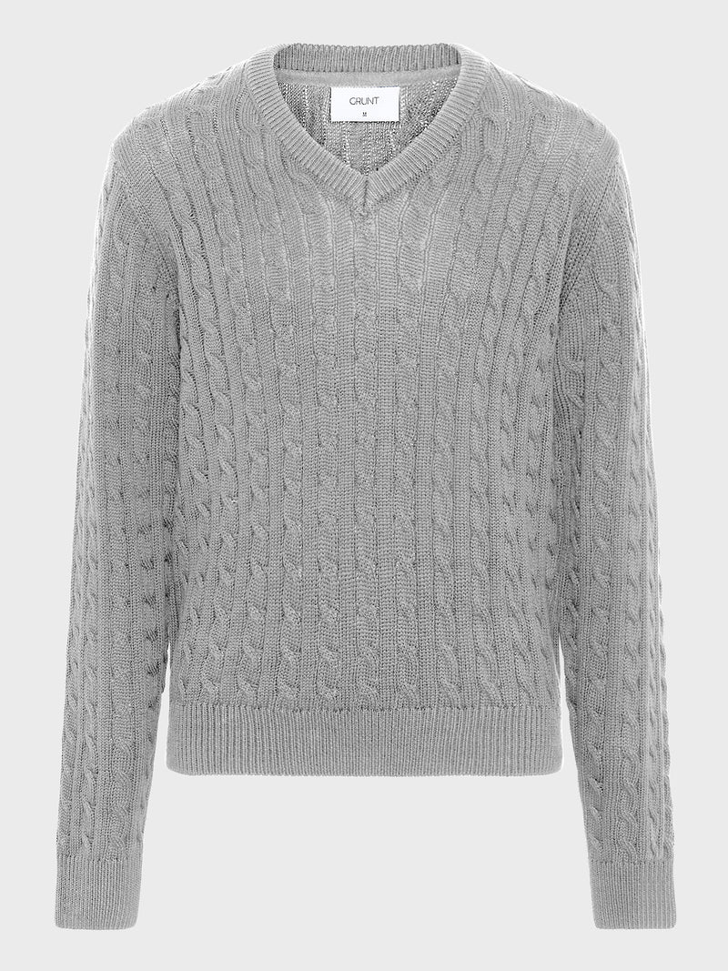GRUNT GRAron LS V-Neck Cable Knit Knits Grey Melange