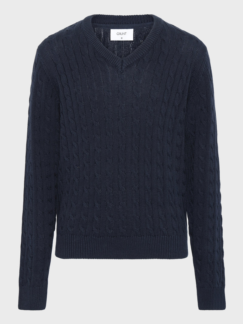GRUNT GRAron LS V-Neck Cable Knit Knits Navy