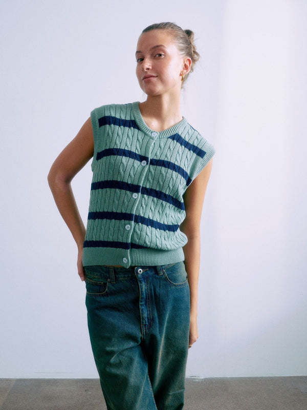 GRUNT GRLine Cable Knit Vest Knits Dust Green-Navy
