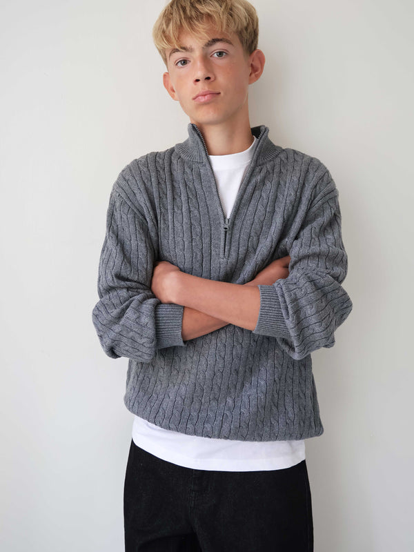 GRUNT GRTerrase LS Cable Half Zip Knit Knits Grey Melange